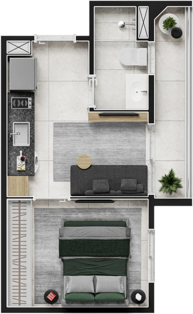 Planta Pavimento tipo — 27,25 e 27,35 m² úteis, 1 dormitório · terraço